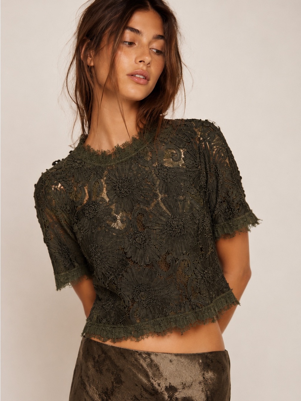 Free People Olive Green Floral Lace Crop Top